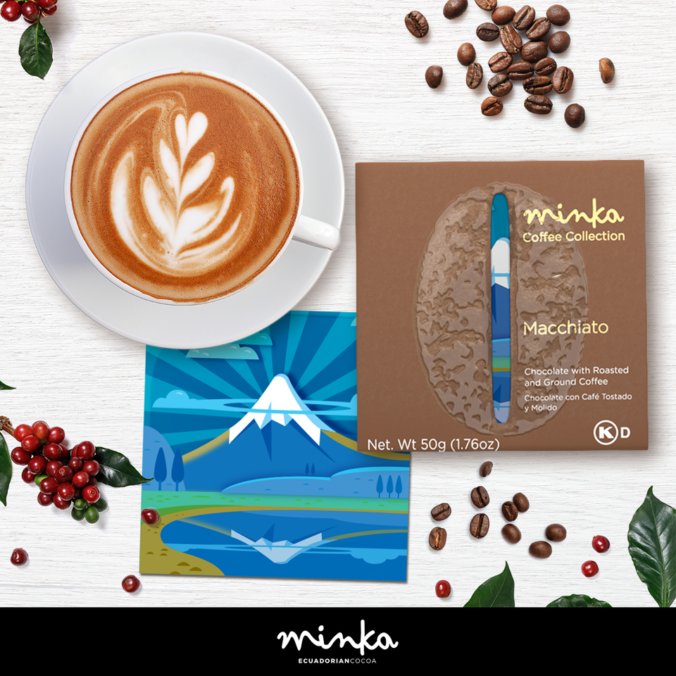 MACCHIATO MILK CHOCOLATE BAR - Arabica Coffee - Cotopaxi Volcano Postcard - All Natural - Kosher - 1.76 Oz